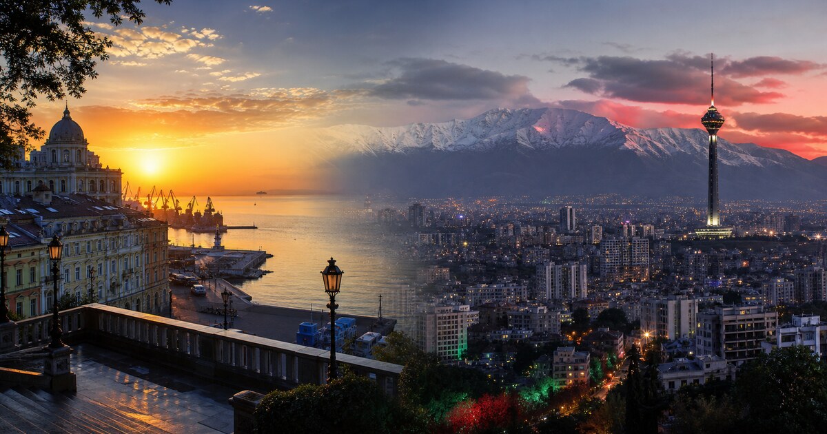 Editorial image blending Odesa and Tehran under the shared call for a free Ukraine and free Iran